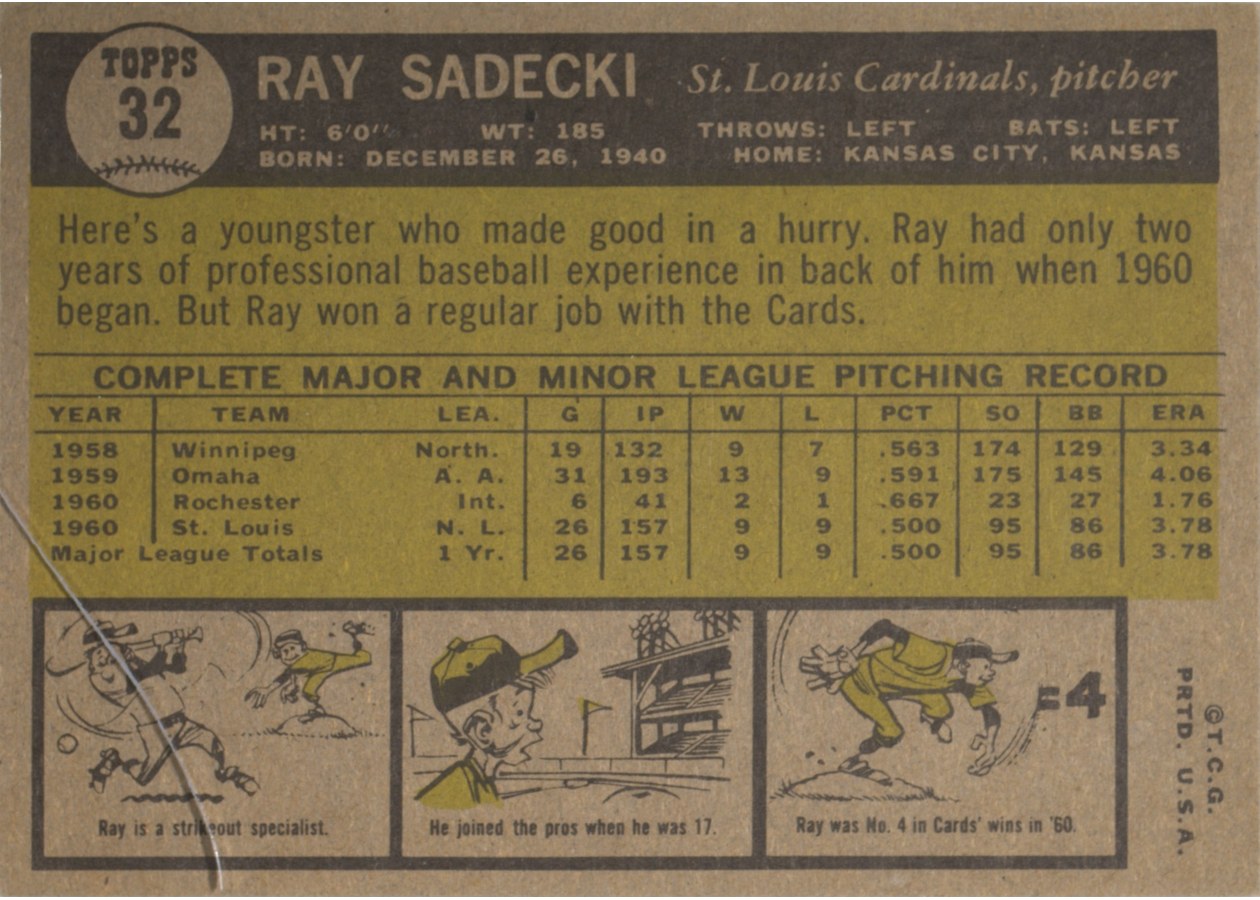 1961 Topps #32 Ray Sadecki card back