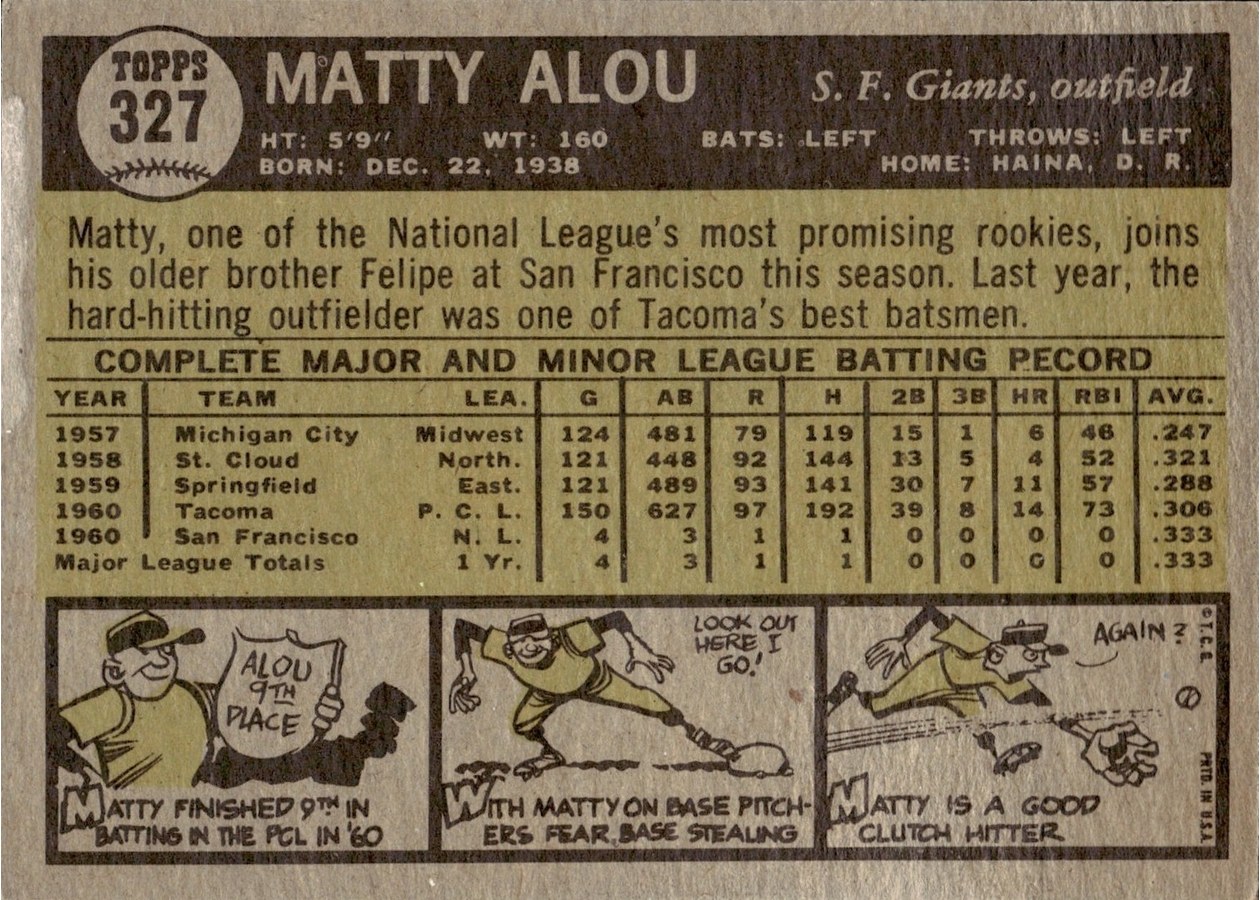 1961 Topps #327 Matty Alou card back