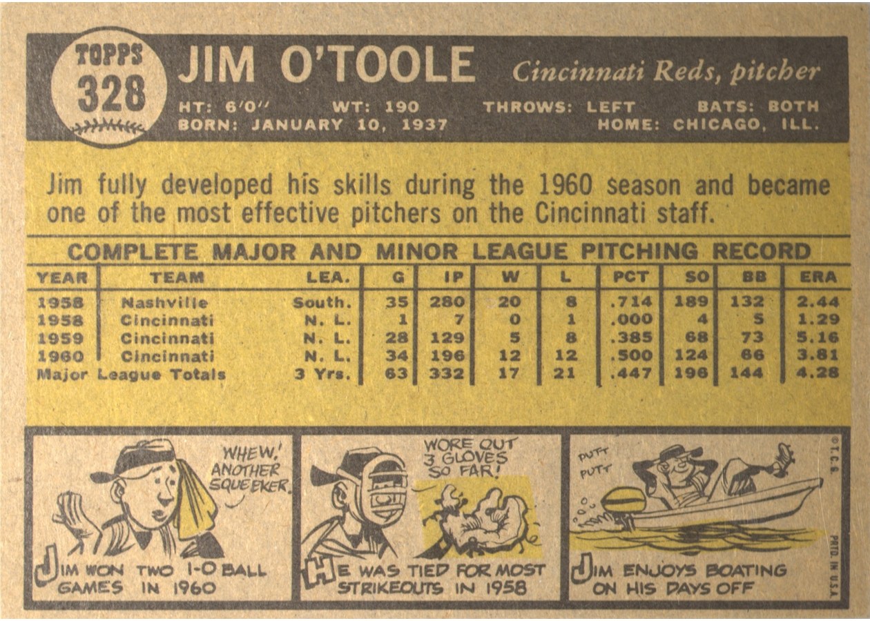 1961 Topps #328 Jim O'Toole card back