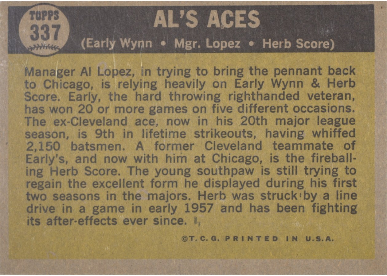 1961 Topps #337 Al's Aces card back