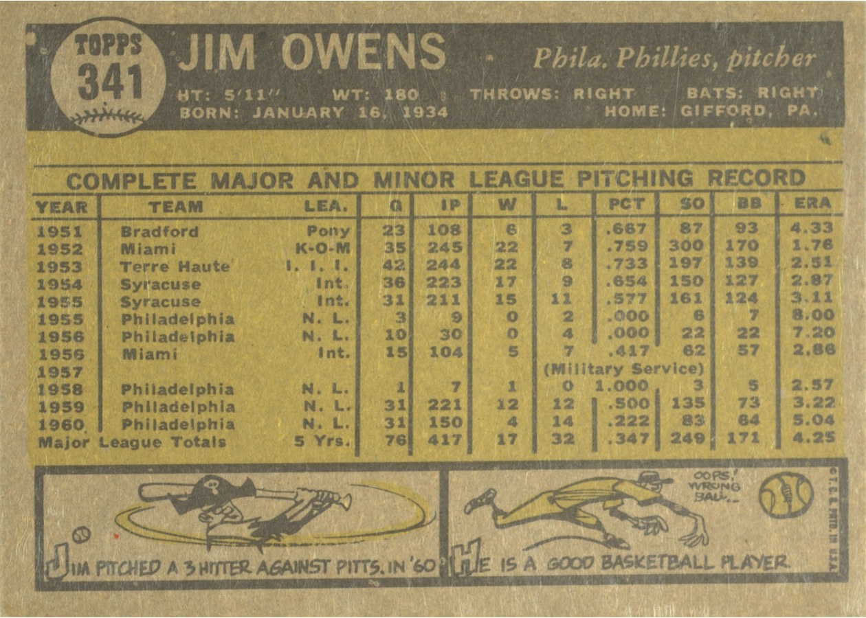 1961 Topps #341 Jim Owens card back