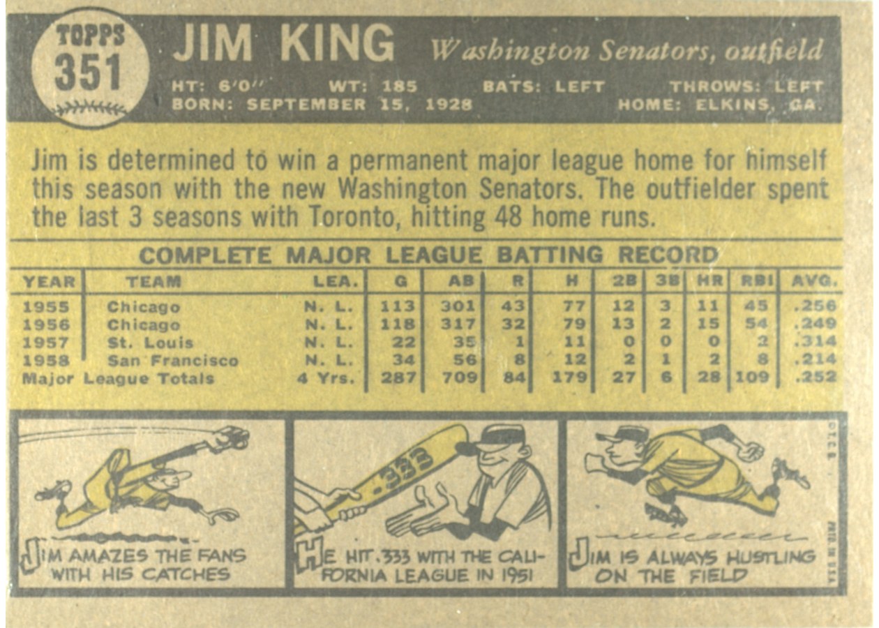 1961 Topps #351 Jim King card back