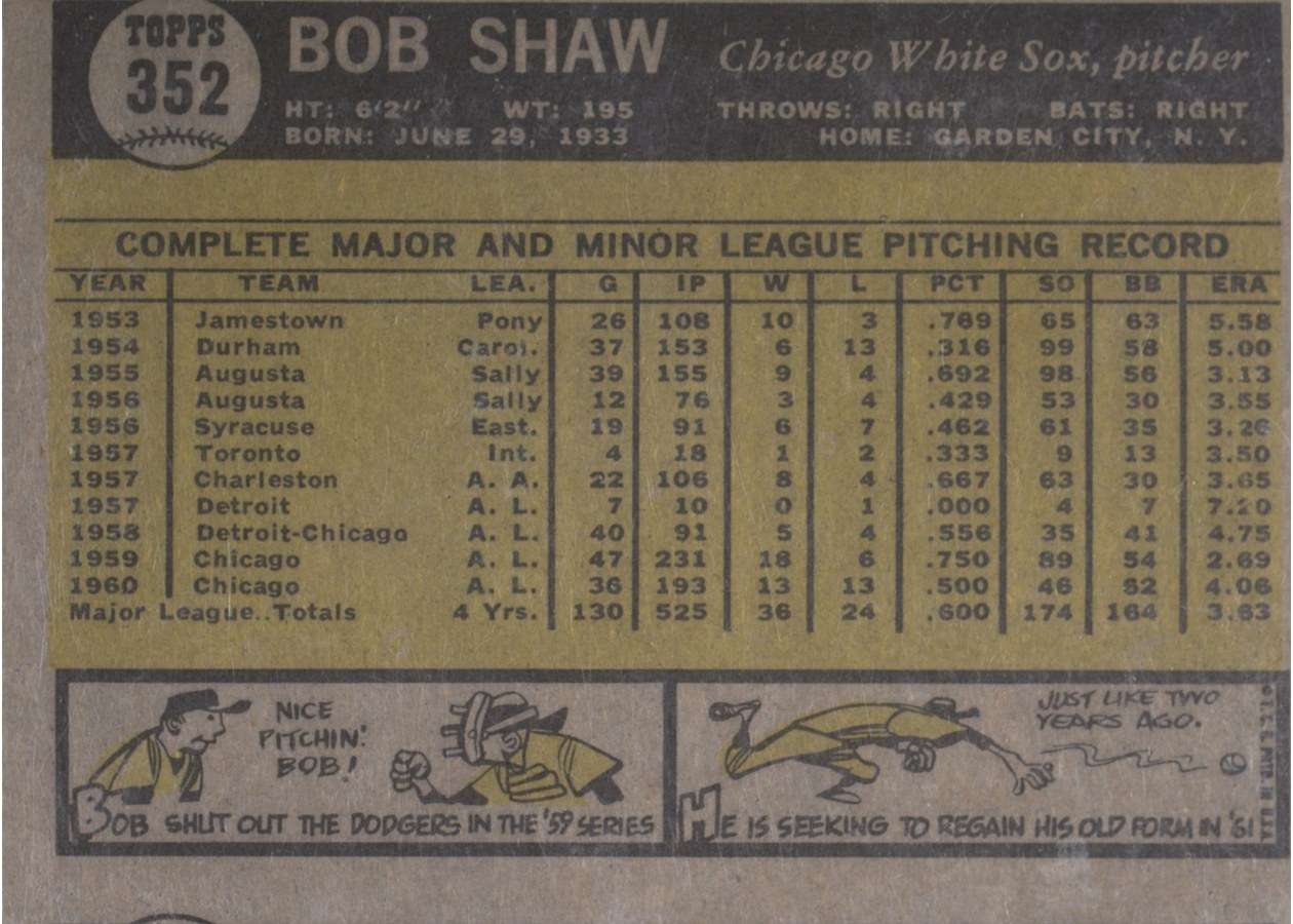 1961 Topps #352 Bob Shaw card back