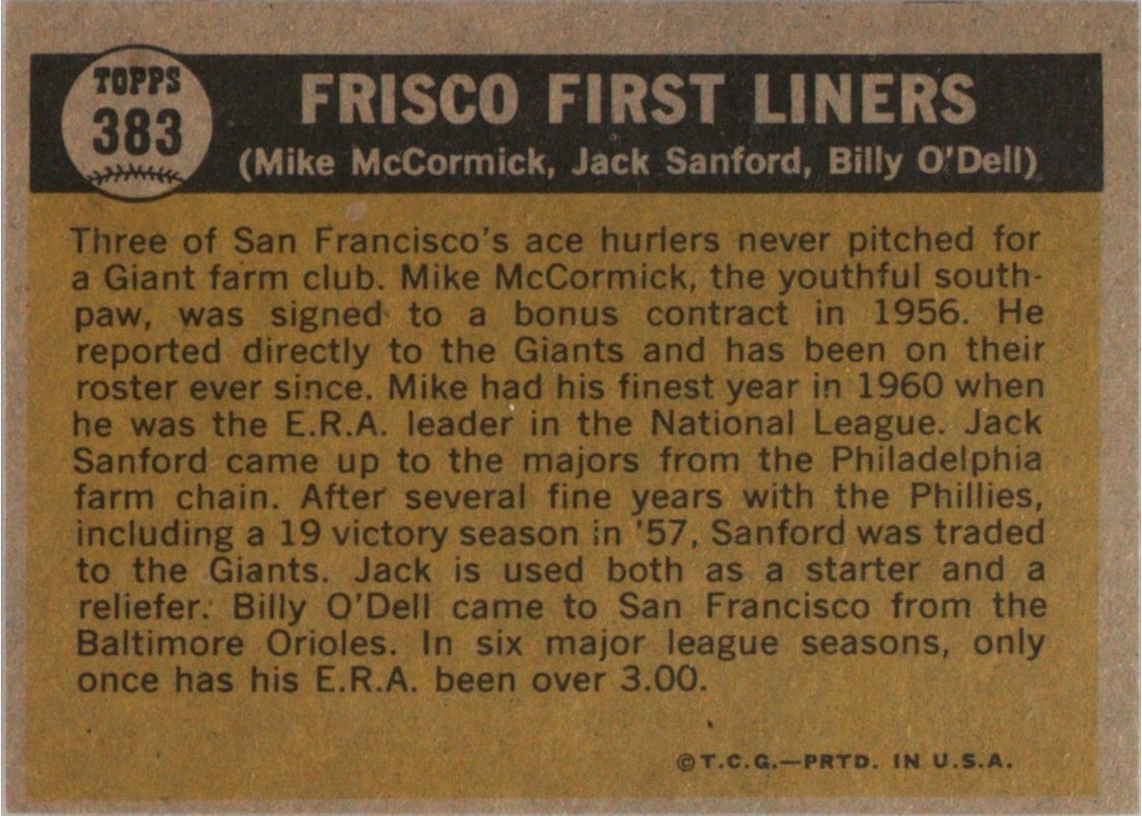 1961 Topps #383 Frisco First Liners card back
