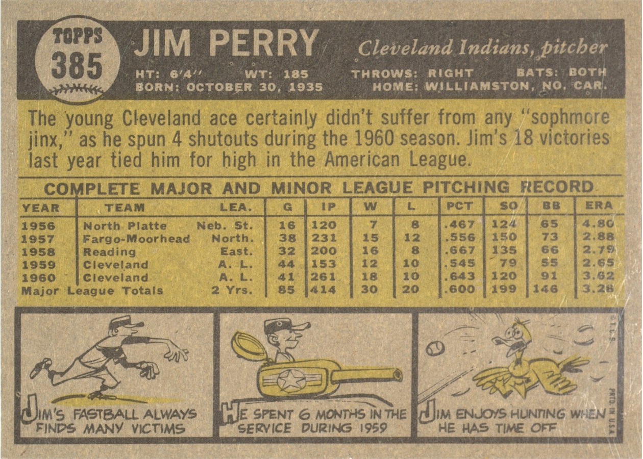 1961 Topps #385 Jim Perry card back
