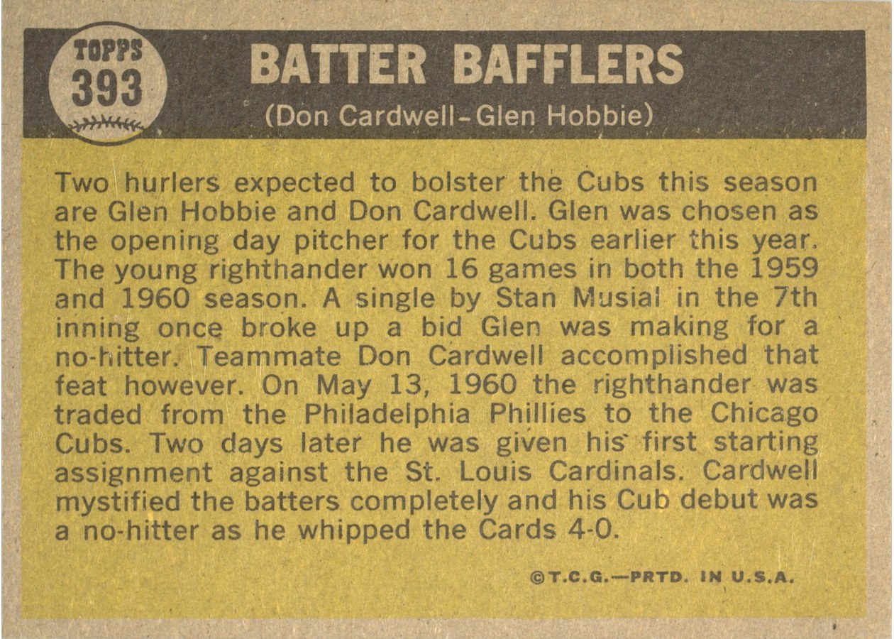 1961 Topps #393 Batter Bafflers card back