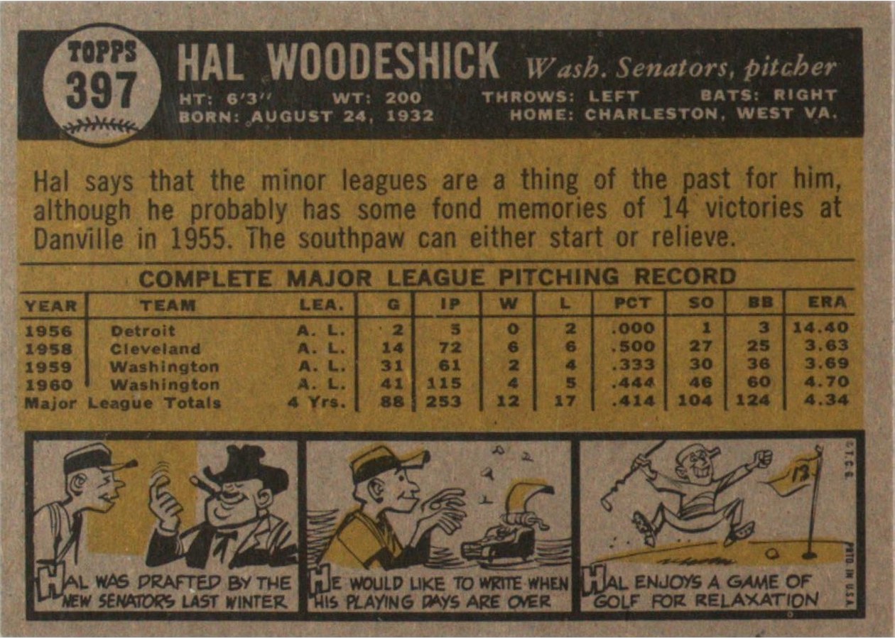 1961 Topps #397 Hal Woodeshick card back
