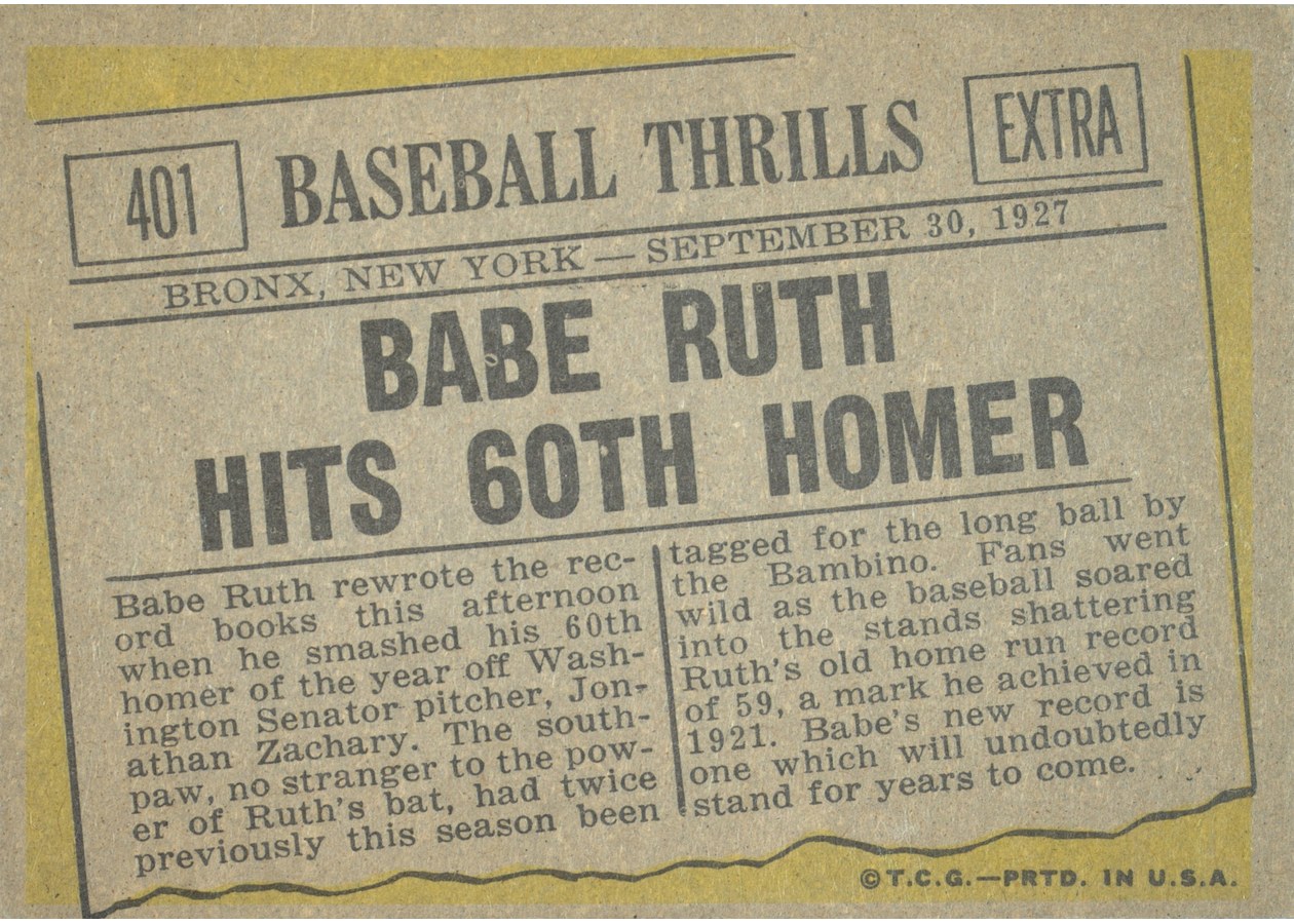 1961 Topps #401 Babe Ruth Hits 60th Homer card back