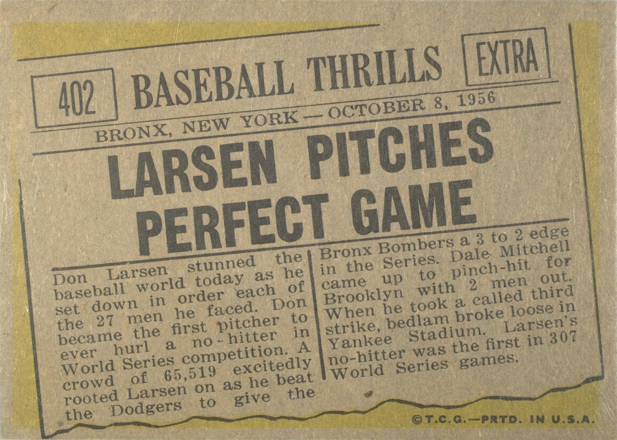 1961 Topps #402 Larsen Pitches Perfect Game card back
