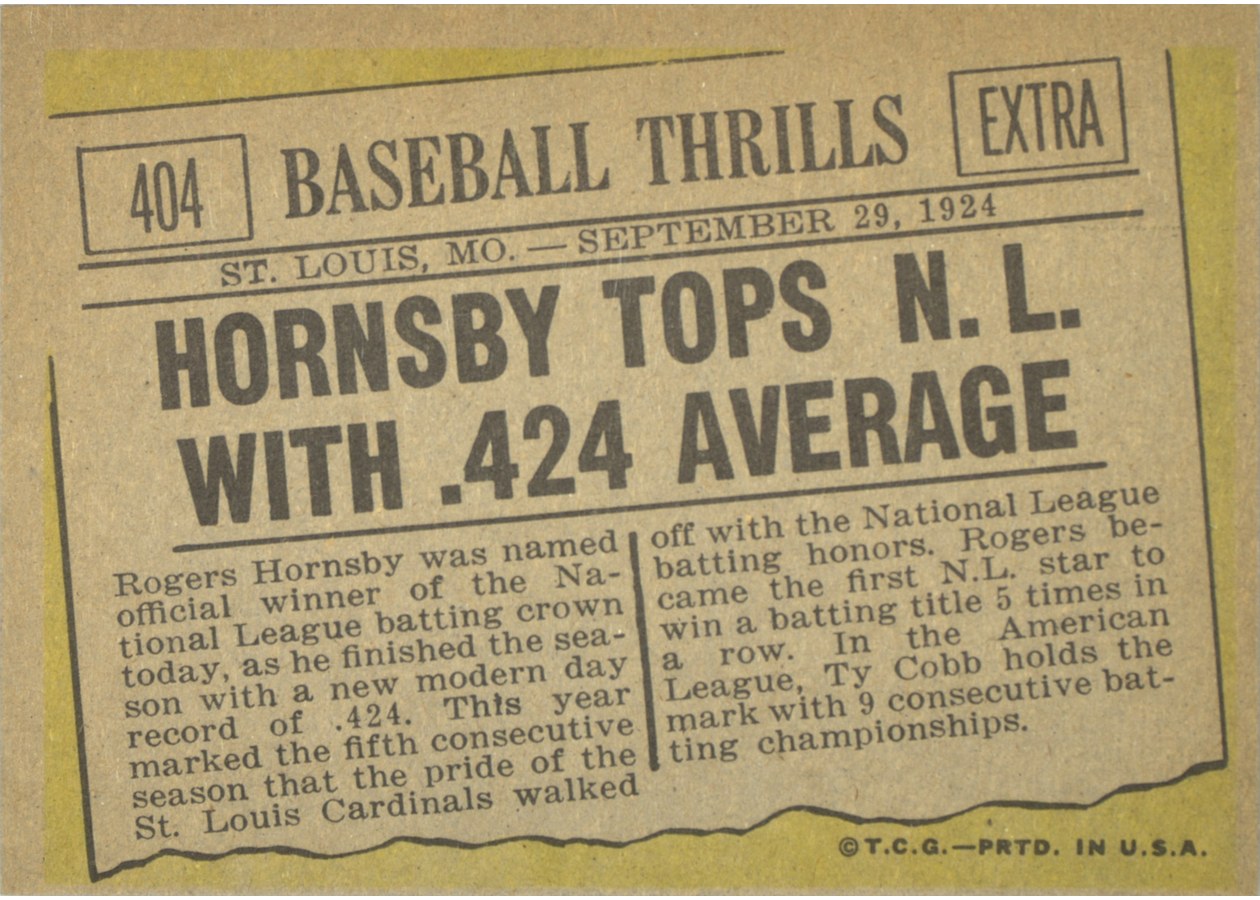 1961 Topps #404 Hornsby Tops NL With .424 Average card back
