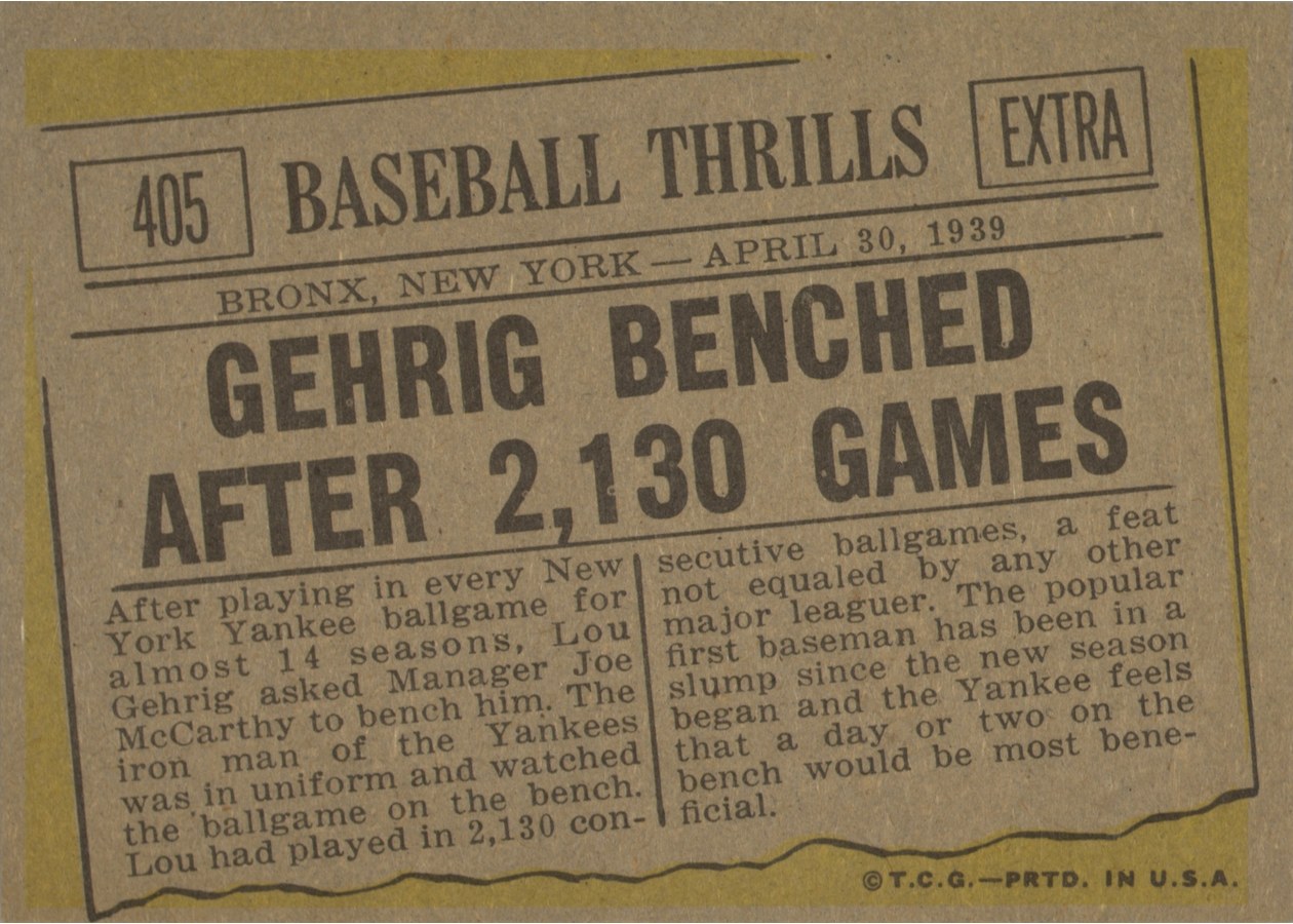 1961 Topps #405 Gehrig Benched After 2,130 Games card back