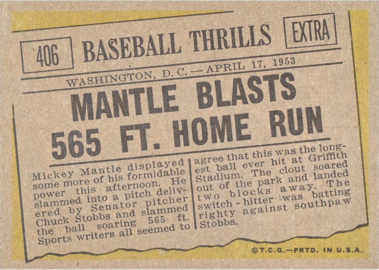 1961 Topps #406 Mantle Blasts 565 ft. Home Run card back