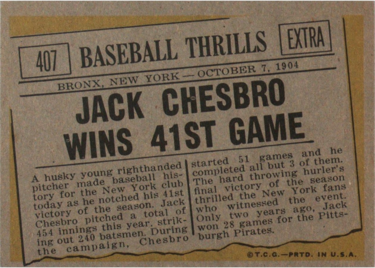 1961 Topps #407 Jack Chesbro Wins 41st Game card back