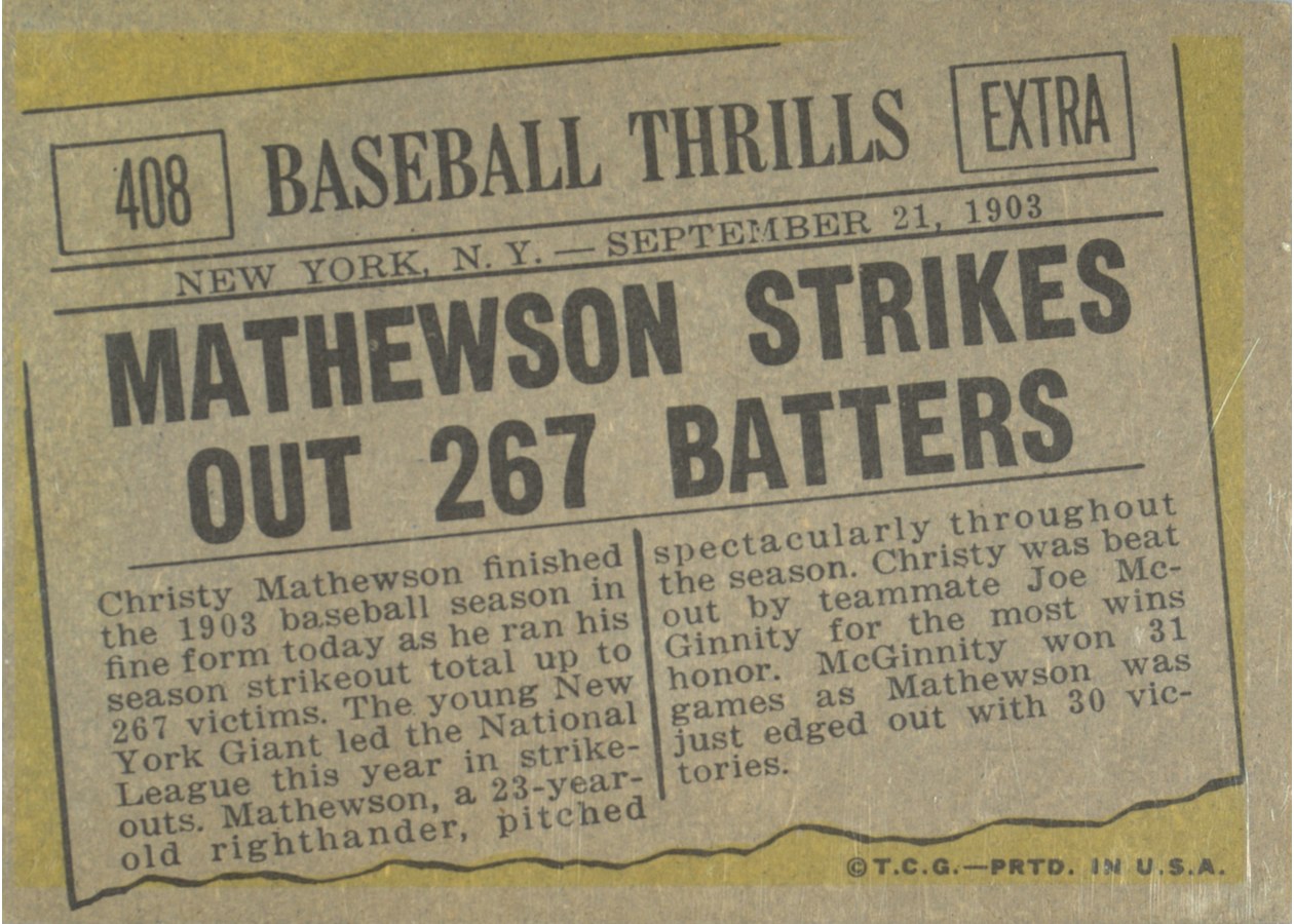 1961 Topps #408 Mathewson Strikes Out 267 Batters card back