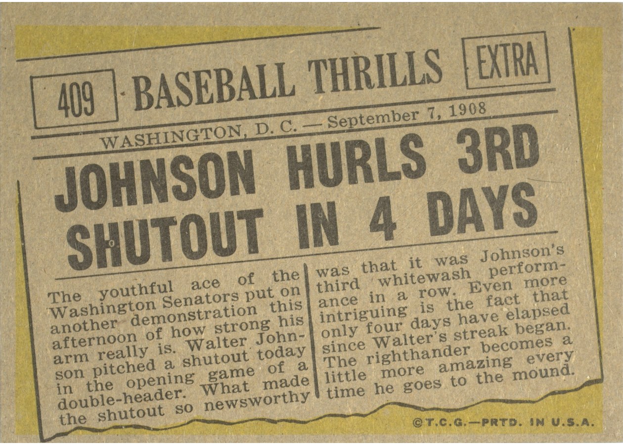 1961 Topps #409 Johnson Hurls 3rd Shutout in 4 Days card back