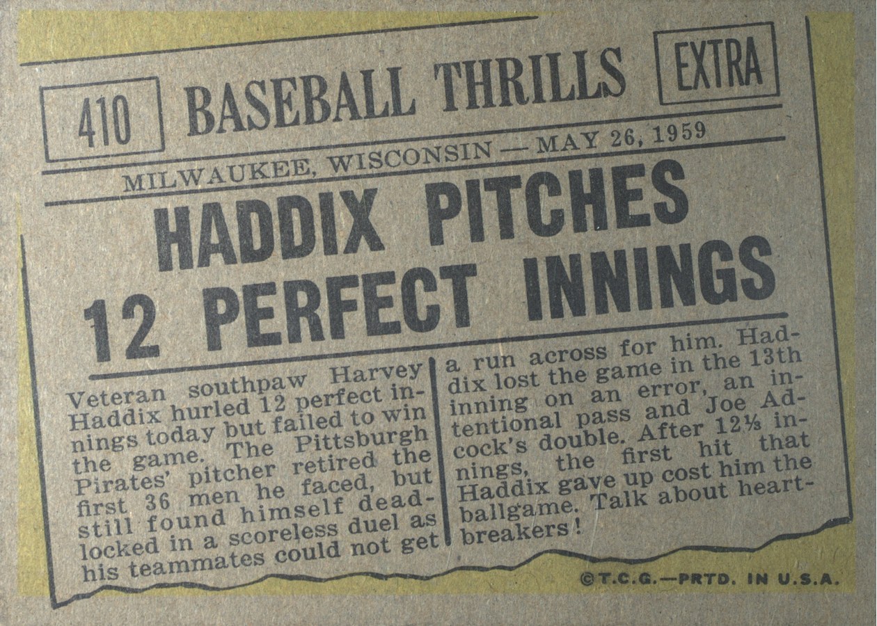 1961 Topps #410 Haddix Pitches 12 Perfect Innings card back