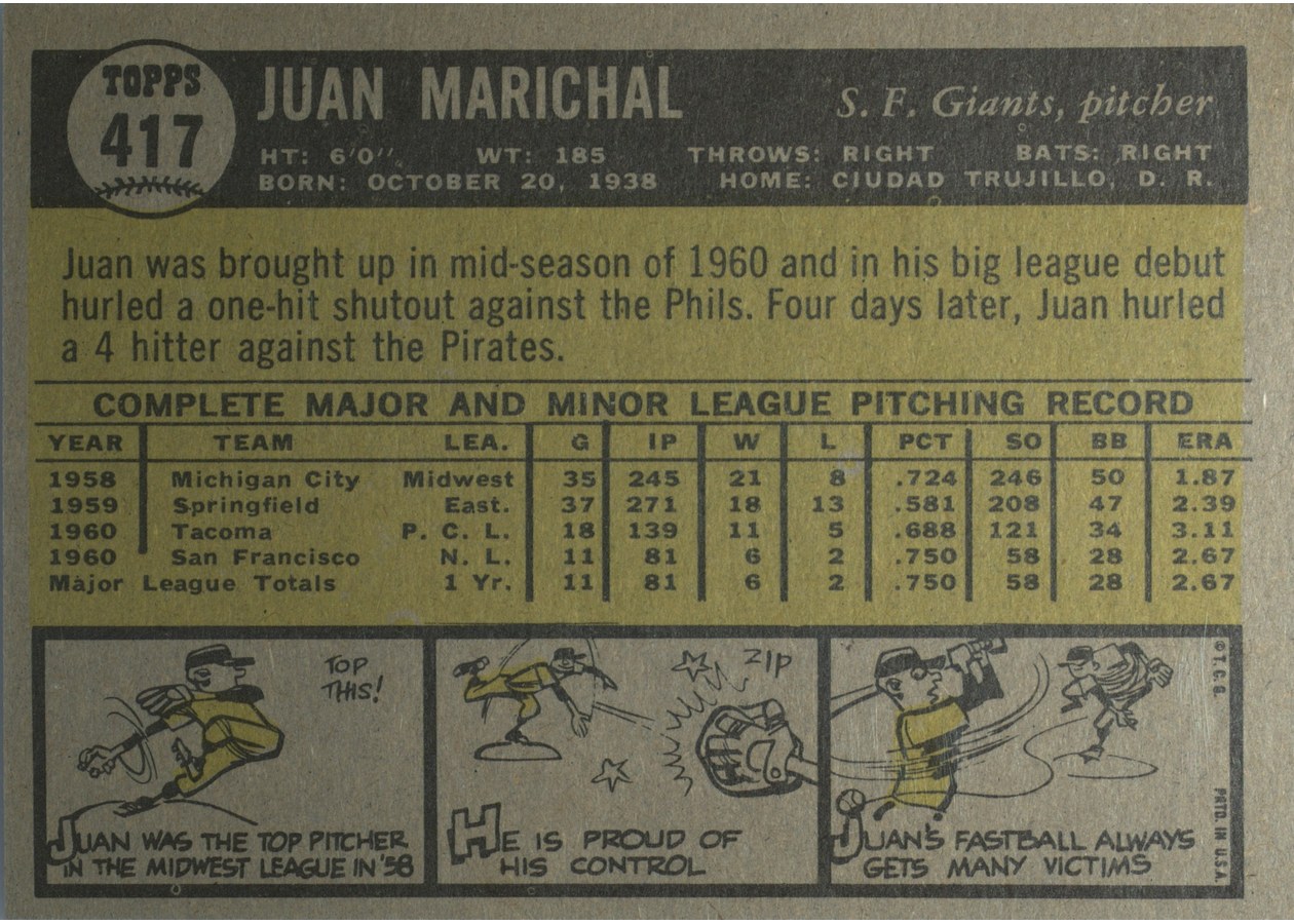 1961 Topps #417 Juan Marichal card back