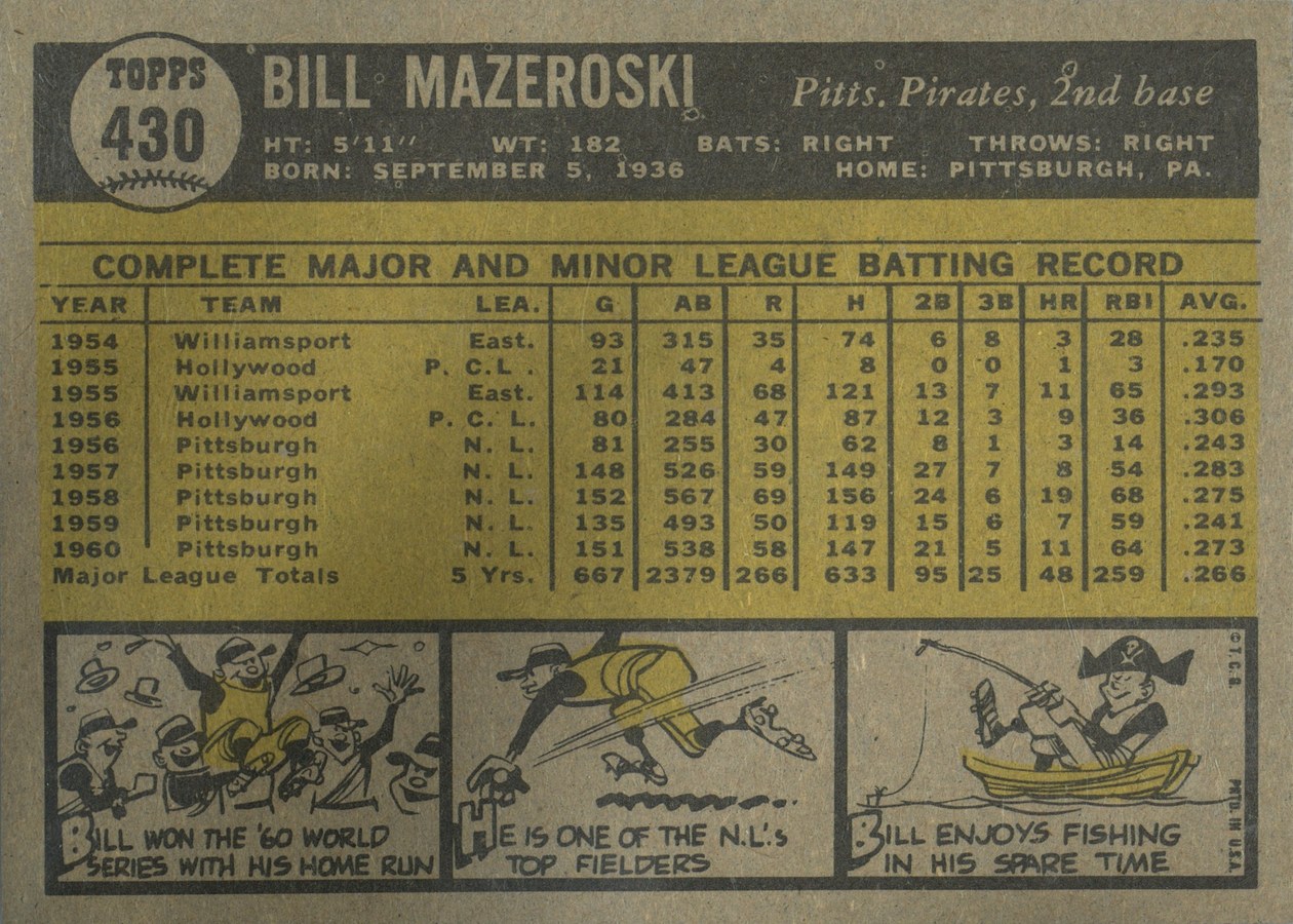 1961 Topps #430 Bill Mazeroski card back