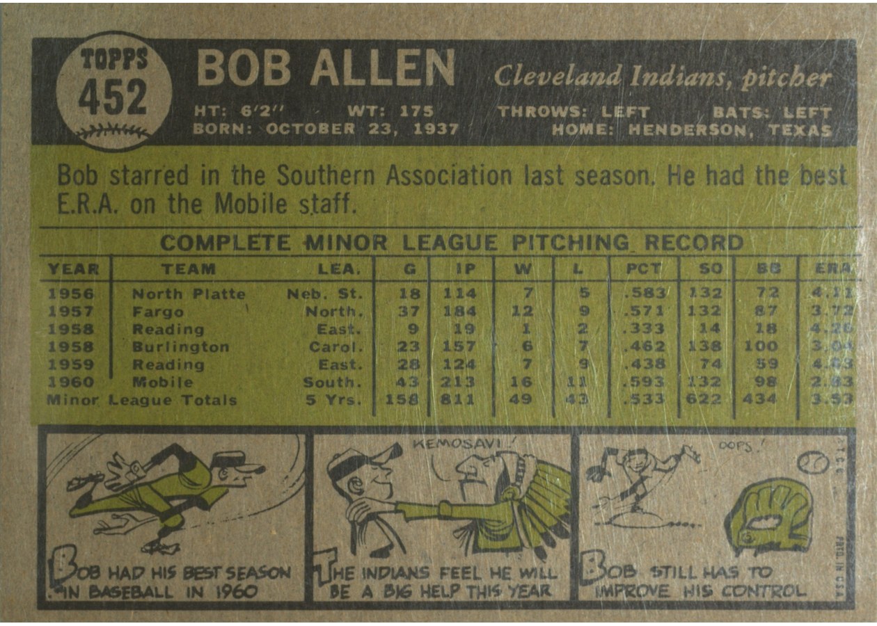 1961 Topps #452 Bob Allen card back