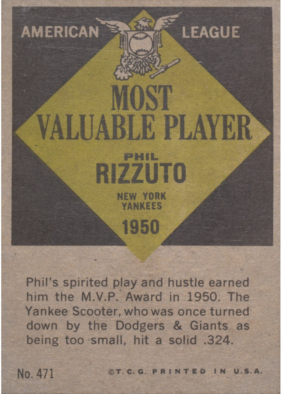 1961 Topps #471 Phil Rizzuto card back