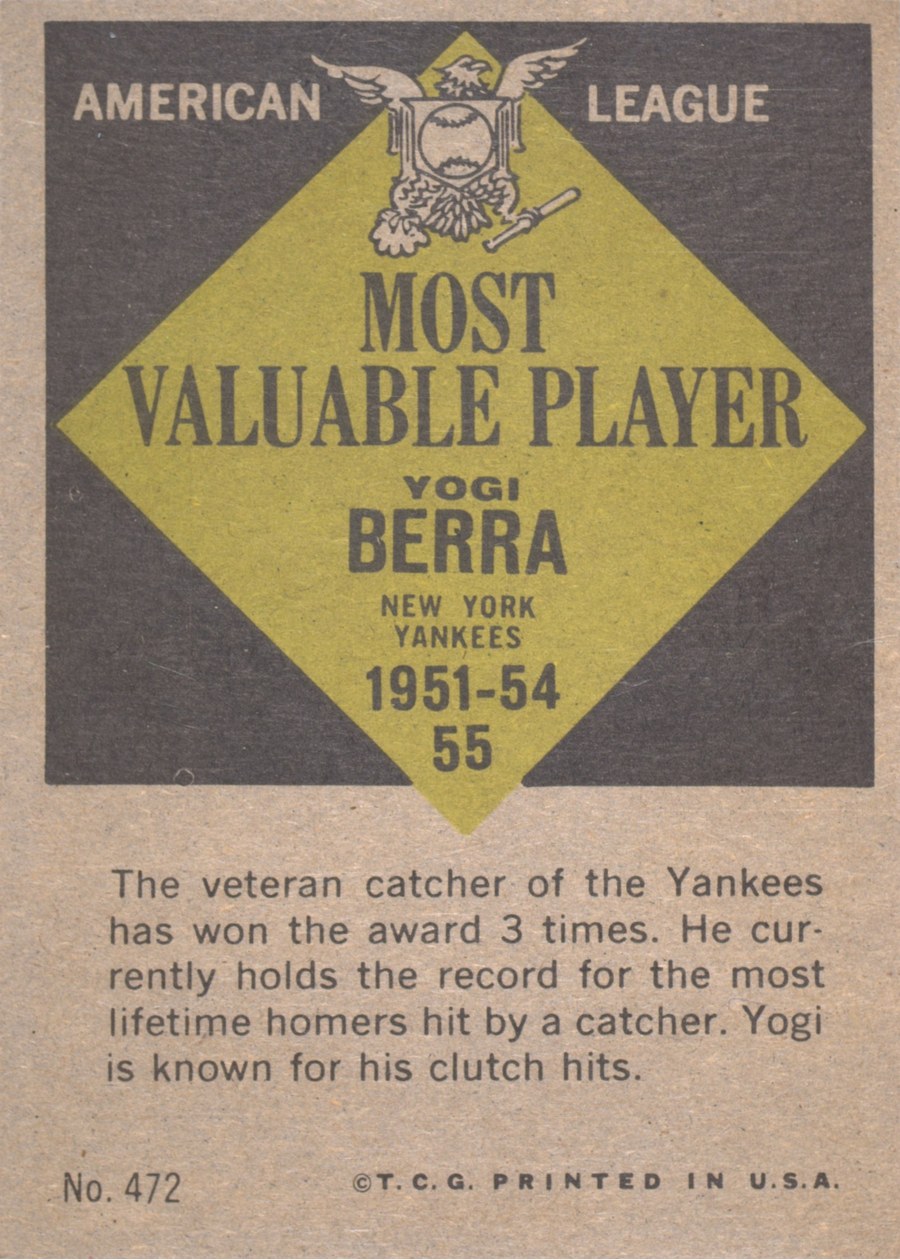 1961 Topps #472 Yogi Berra card back
