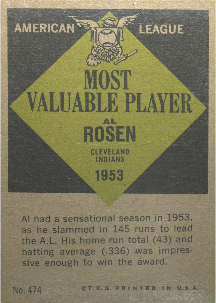 1961 Topps #474 Al Rosen card back