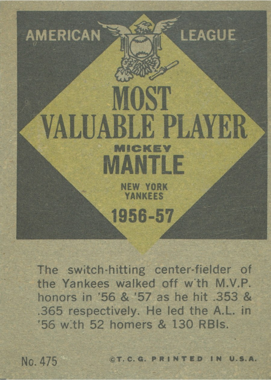 1961 Topps #475 Mickey Mantle card back