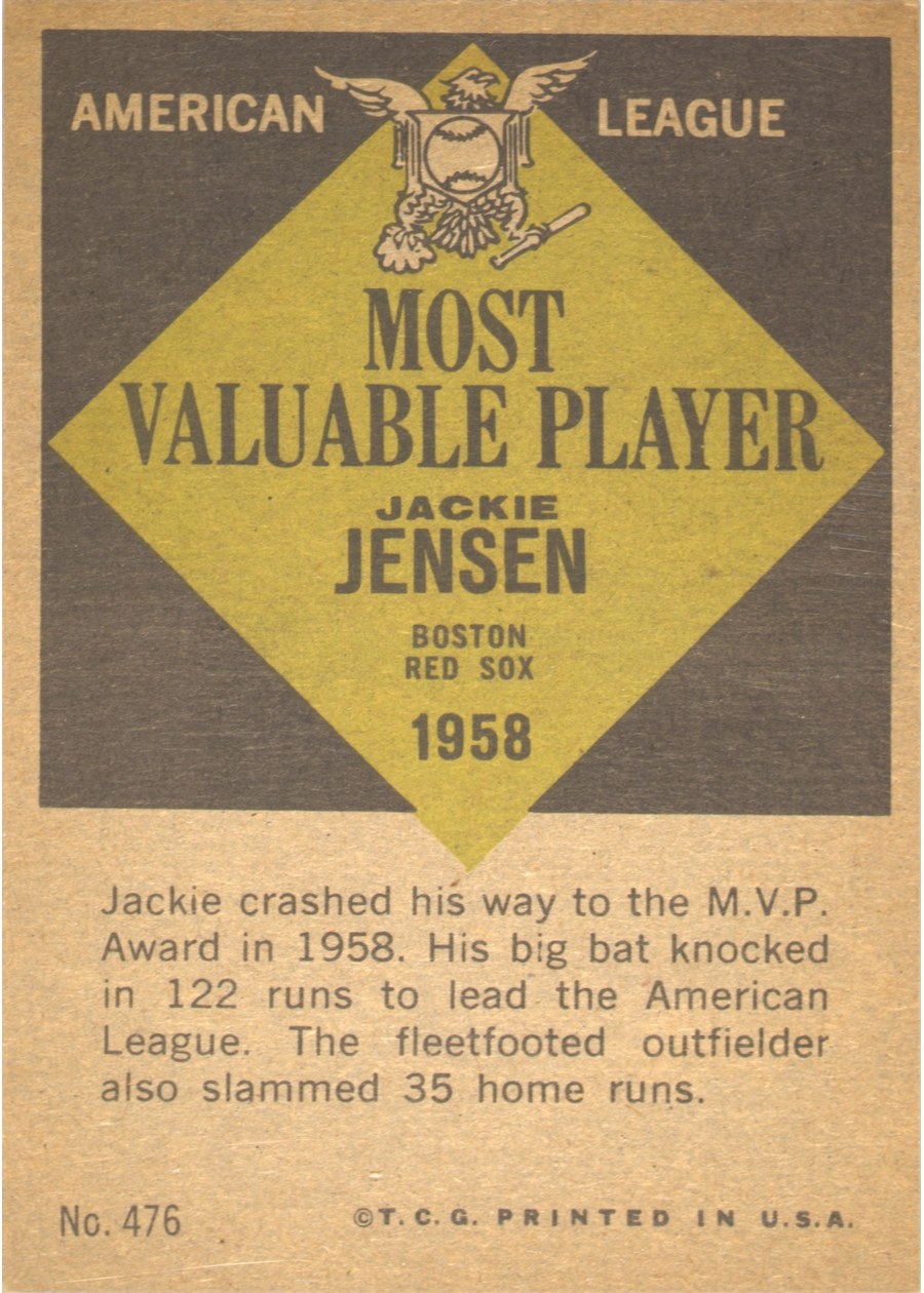 1961 Topps #476 Jackie Jensen card back