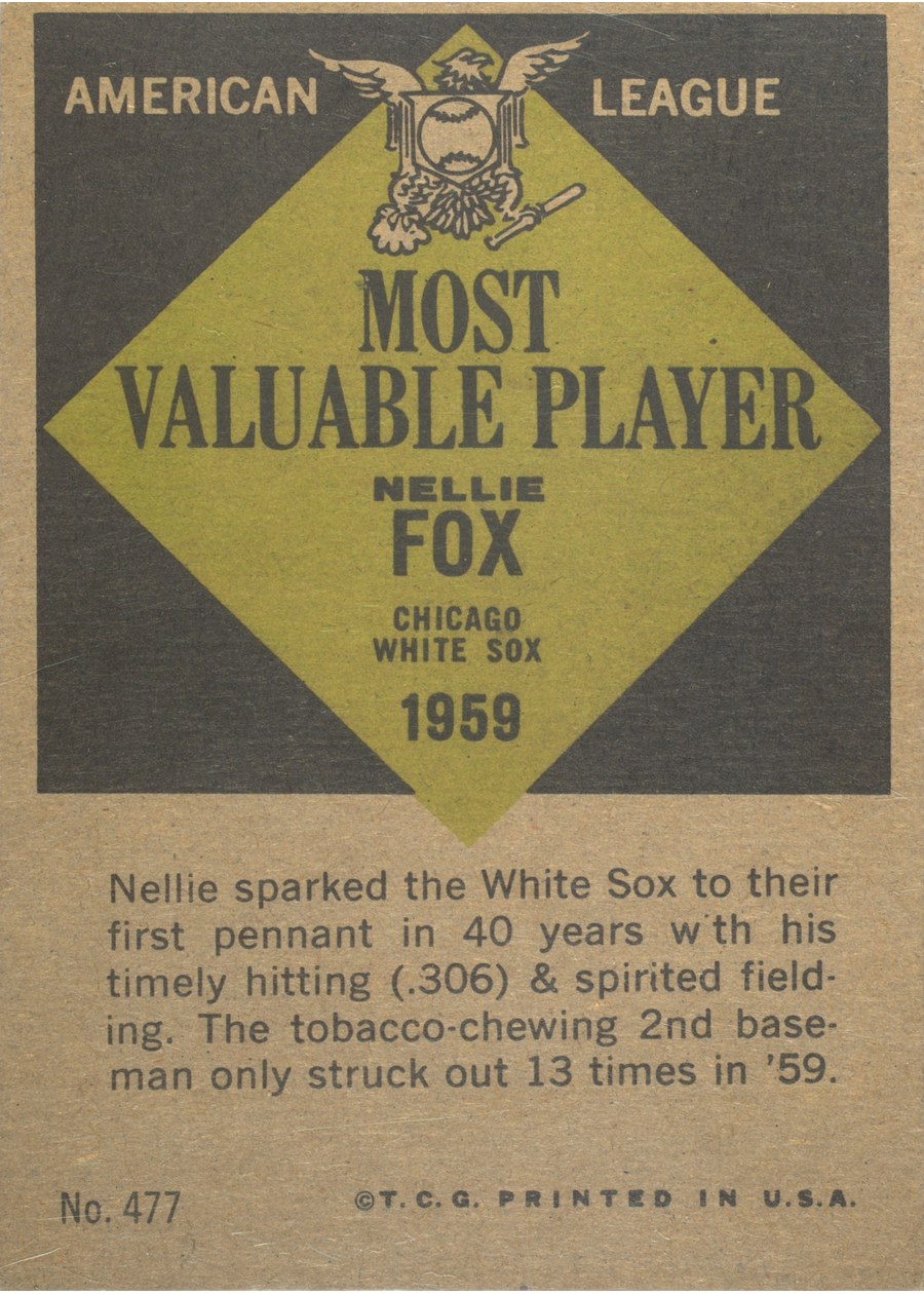 1961 Topps #477 Nellie Fox card back