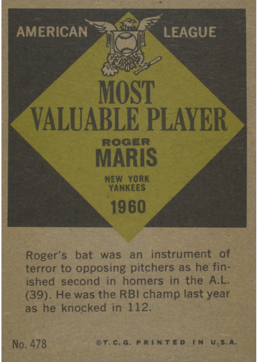 1961 Topps #478 Roger Maris card back