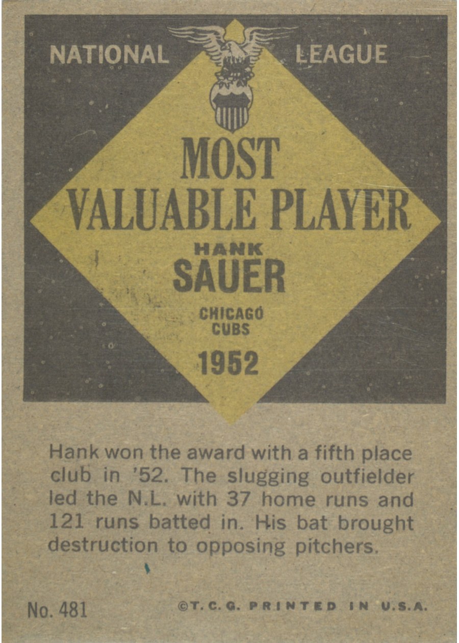 1961 Topps #481 Hank Sauer card back