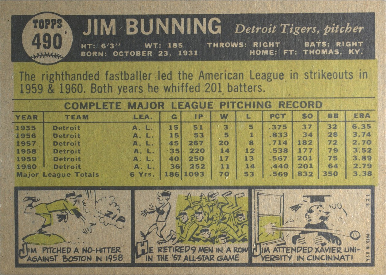 1961 Topps #490 Jim Bunning card back