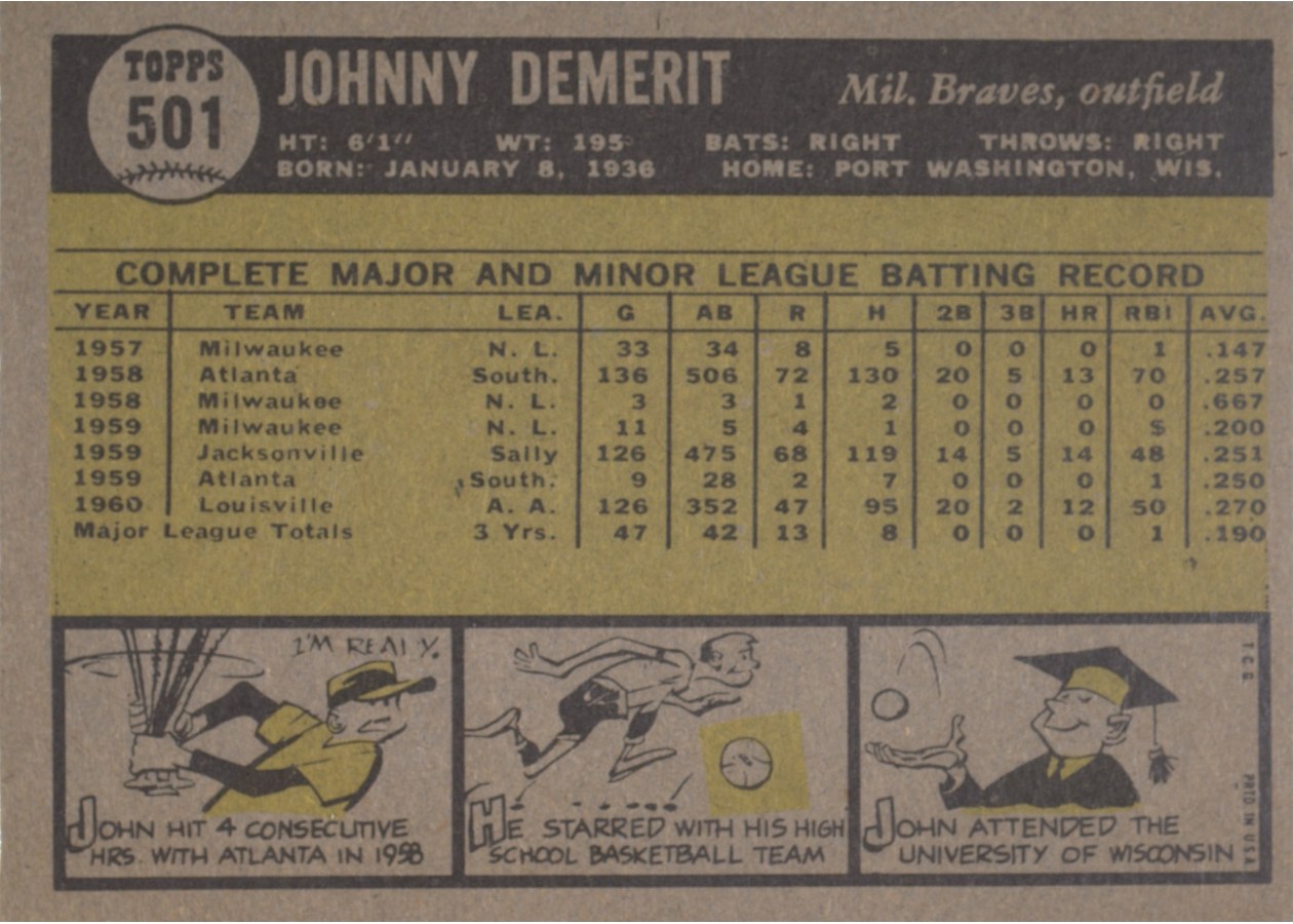 1961 Topps #501 John DeMerit card back