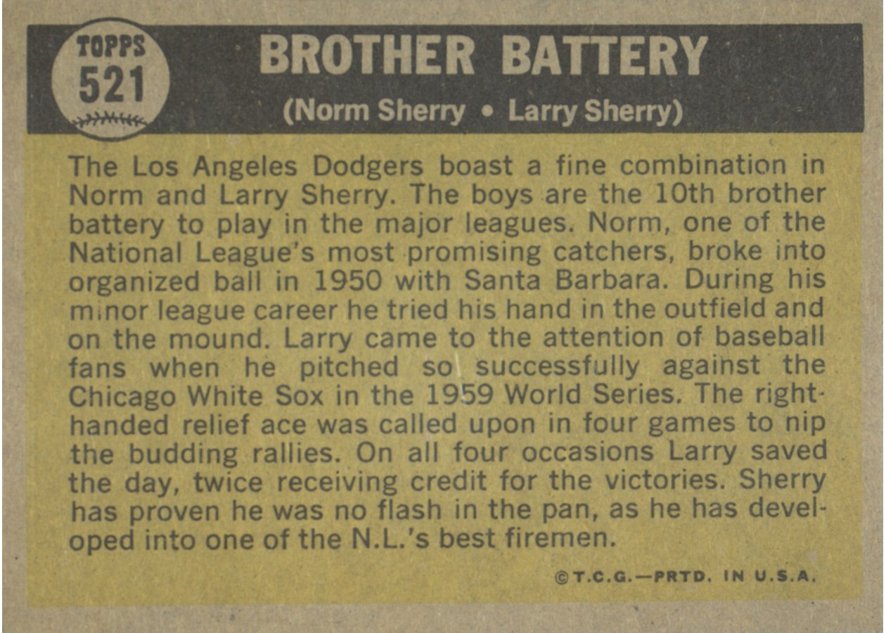1961 Topps #521 Brother Battery card back