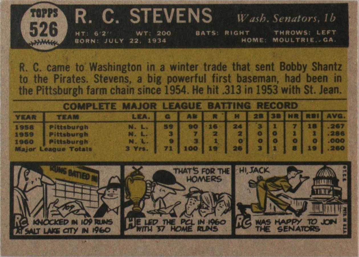 1961 Topps #526 R.C. Stevens card back