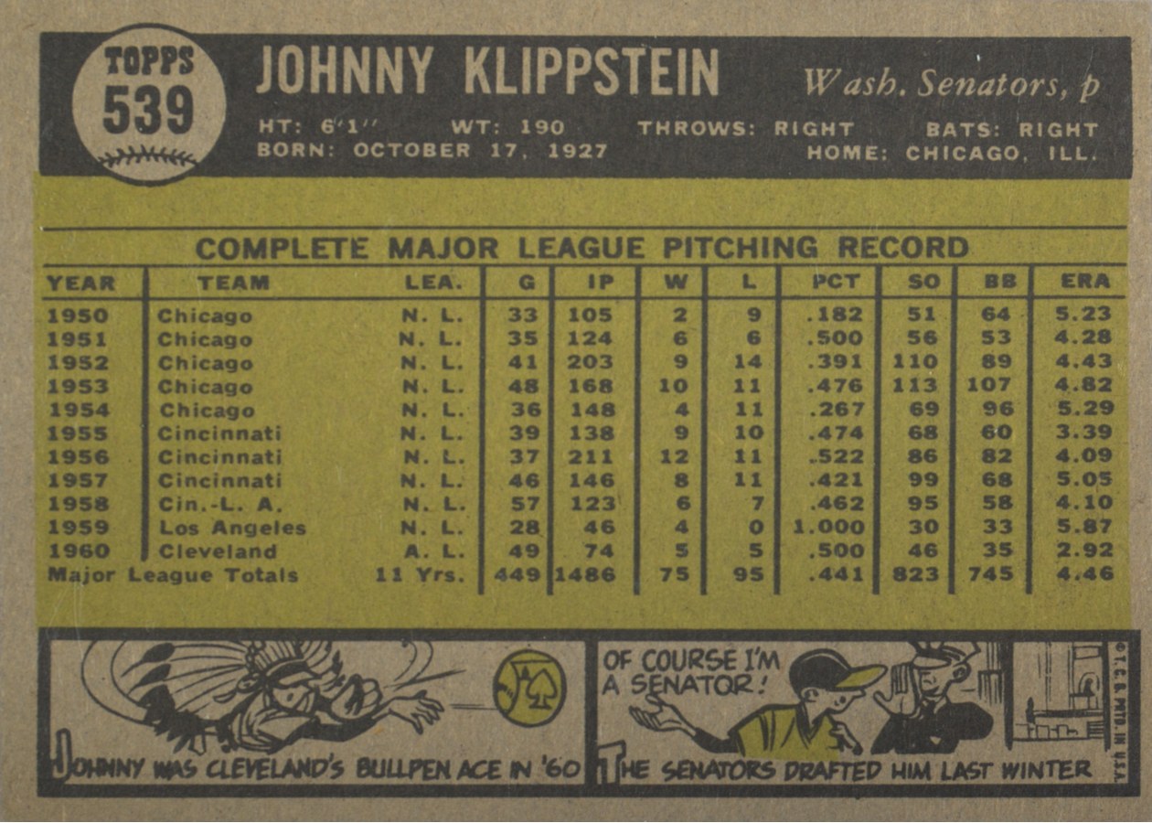 1961 Topps #539 Johnny Klippstein card back