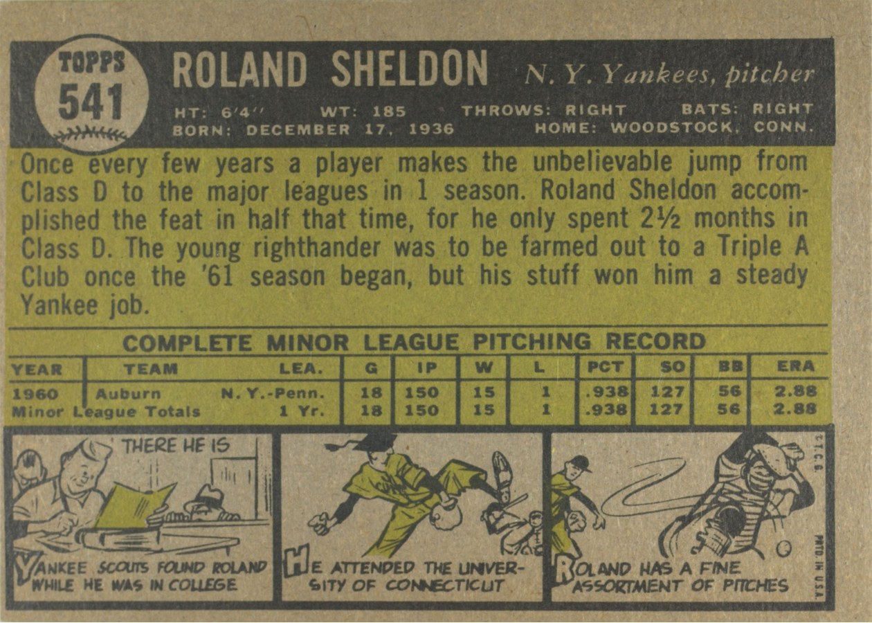1961 Topps #541 Roland Sheldon card back