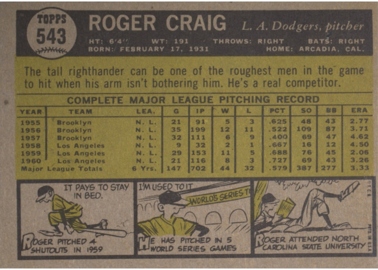 1961 Topps #543 Roger Craig card back