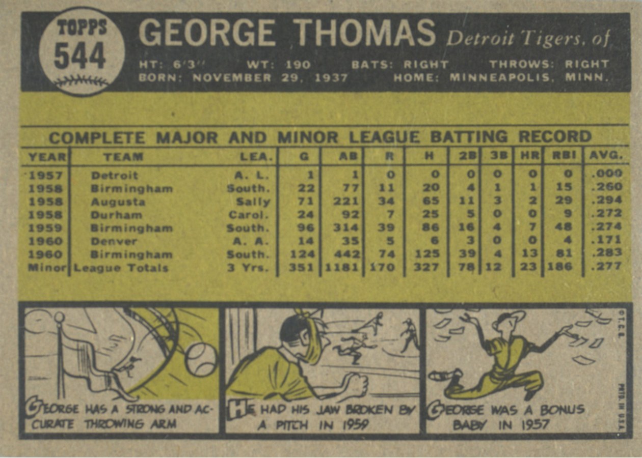 1961 Topps #544 George Thomas card back