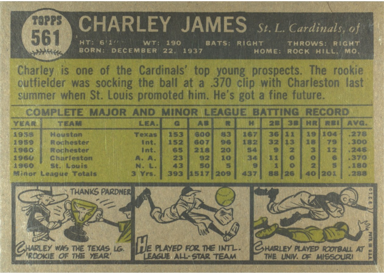 1961 Topps #561 Charley James card back