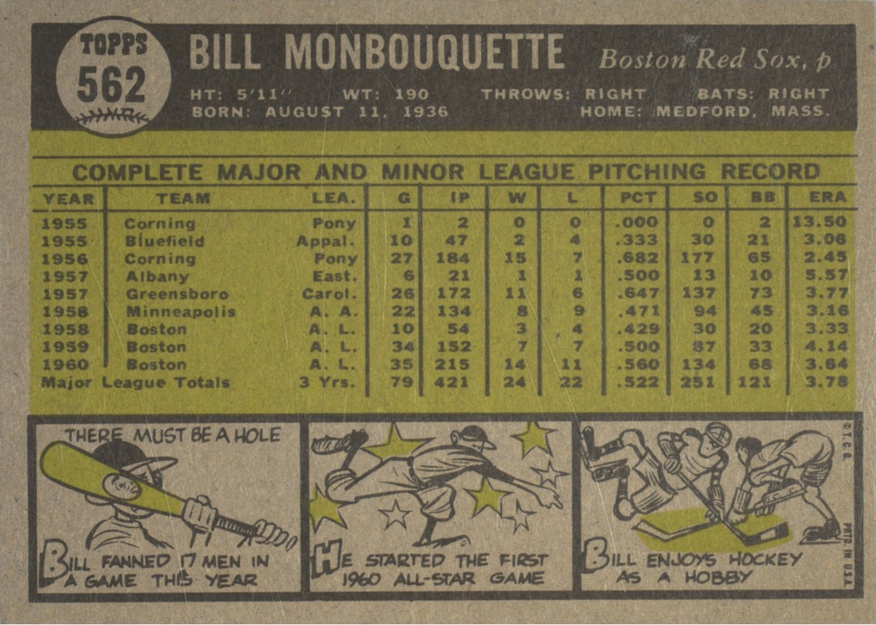 1961 Topps #562 Bill Monbouquette card back