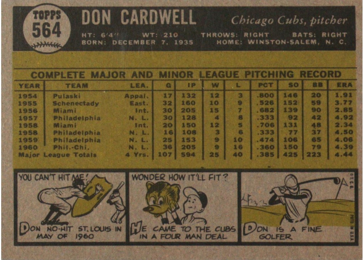 1961 Topps #564 Don Cardwell card back