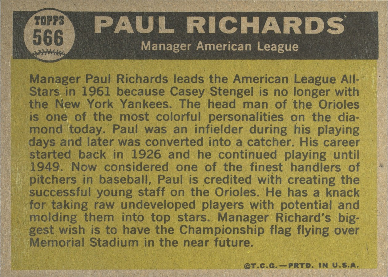 1961 Topps #566 Paul Richards card back