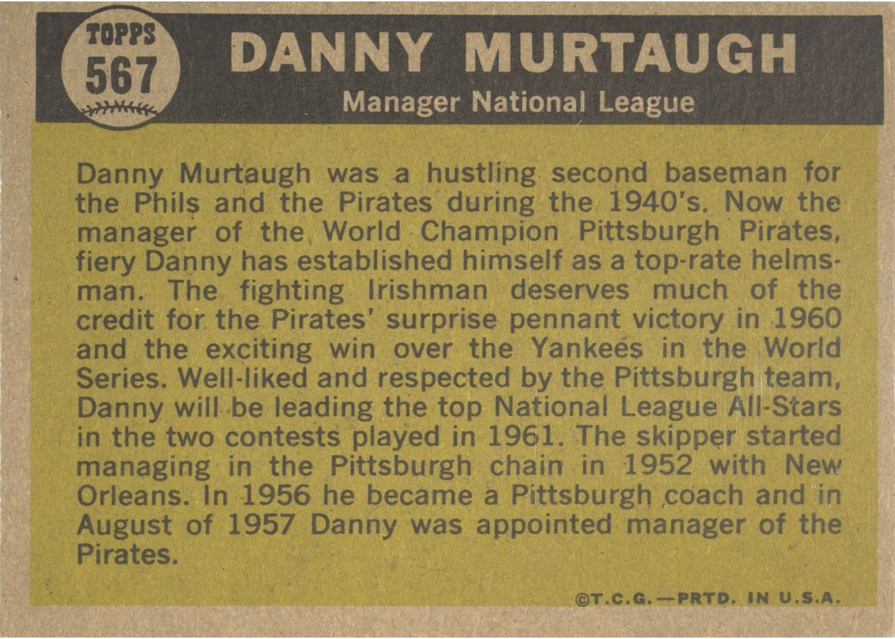 1961 Topps #567 Danny Murtaugh card back
