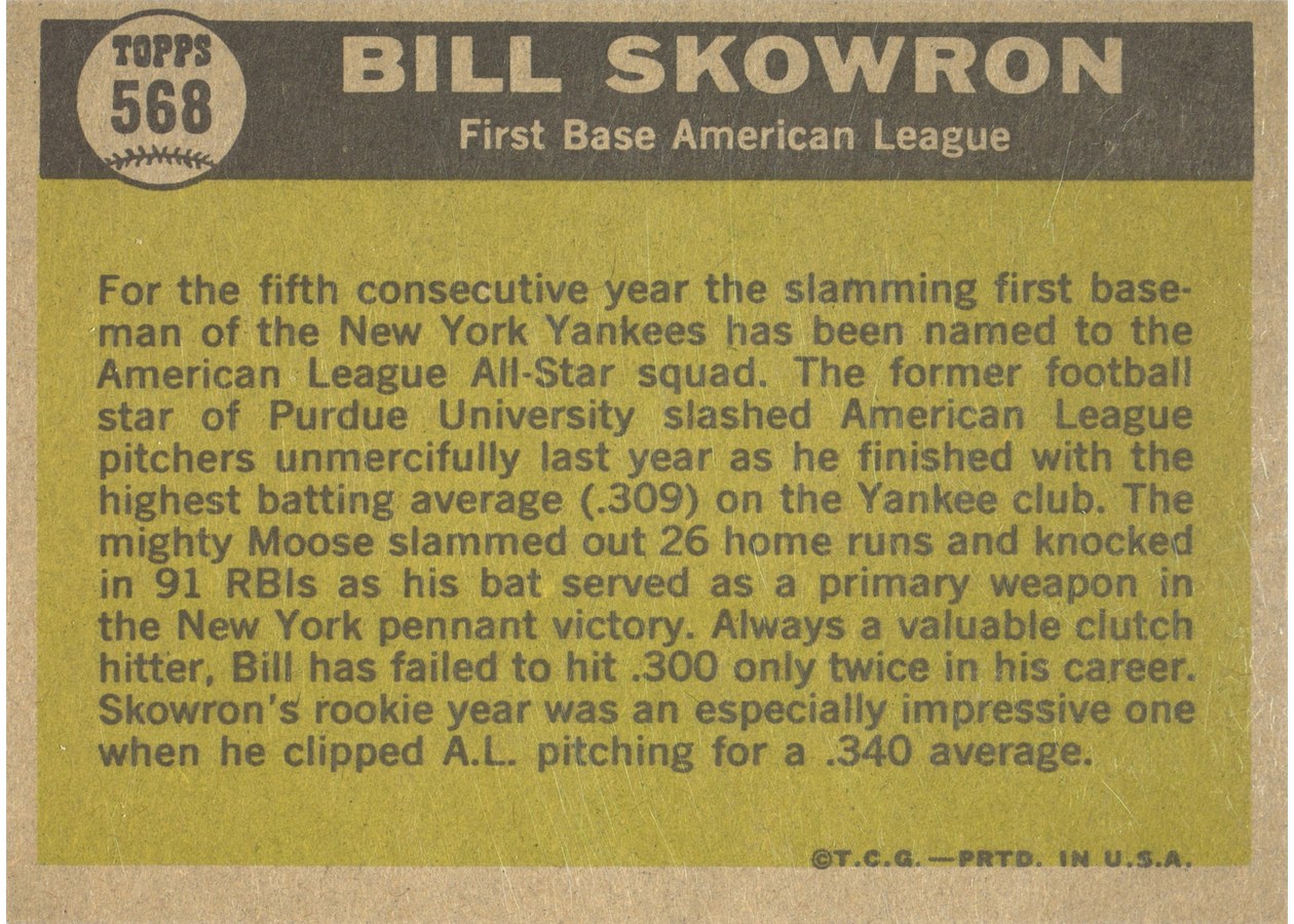 1961 Topps #568 Bill Skowron card back