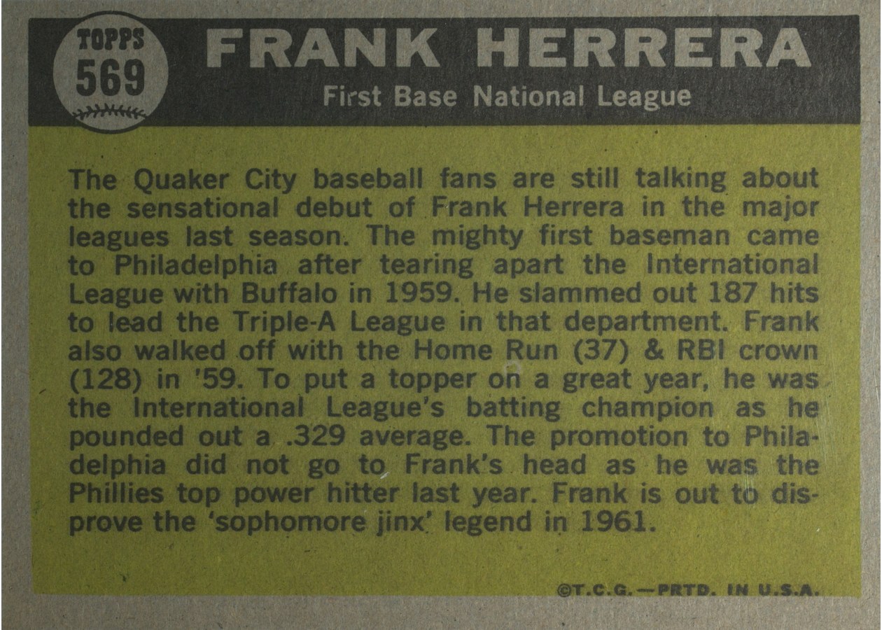 1961 Topps #569 Frank Herrera card back