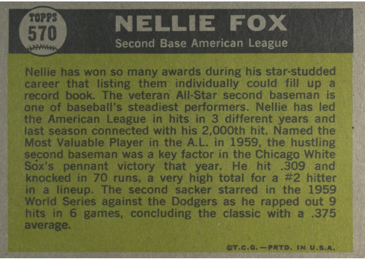 1961 Topps #570 Nellie Fox card back