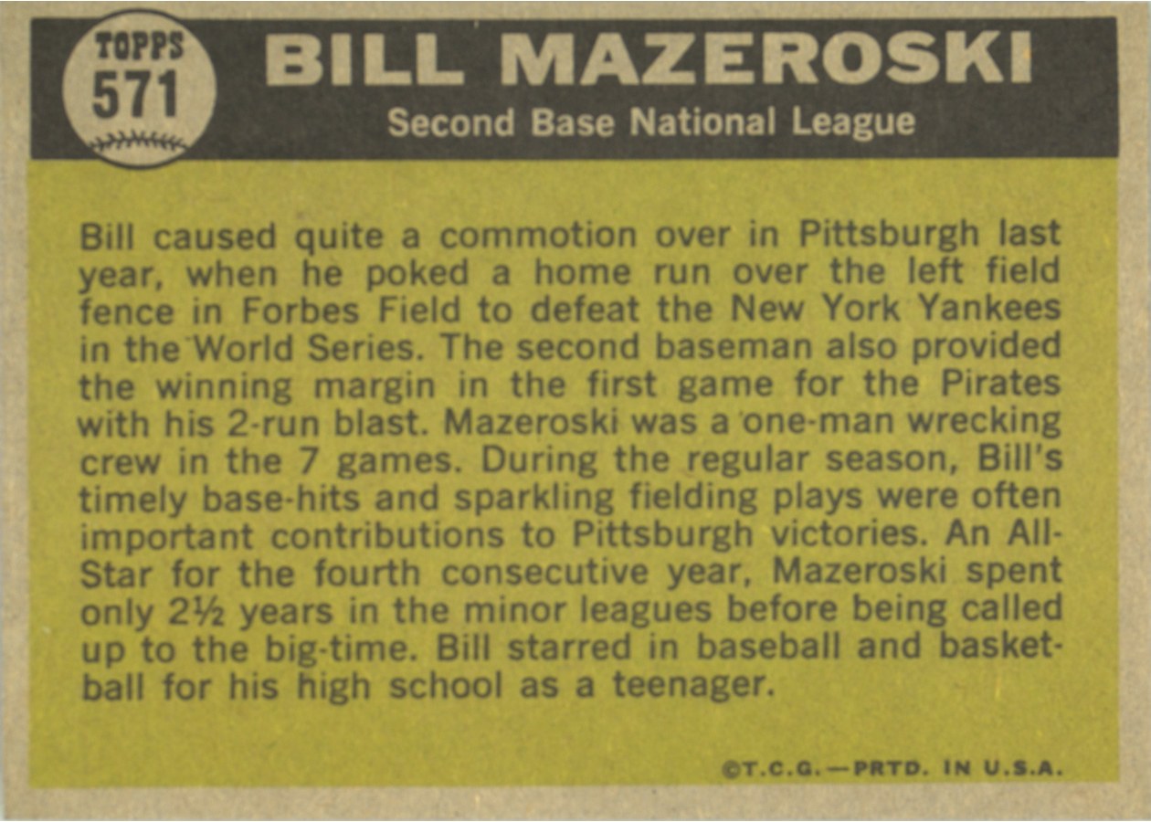 1961 Topps #571 Bill Mazeroski card back
