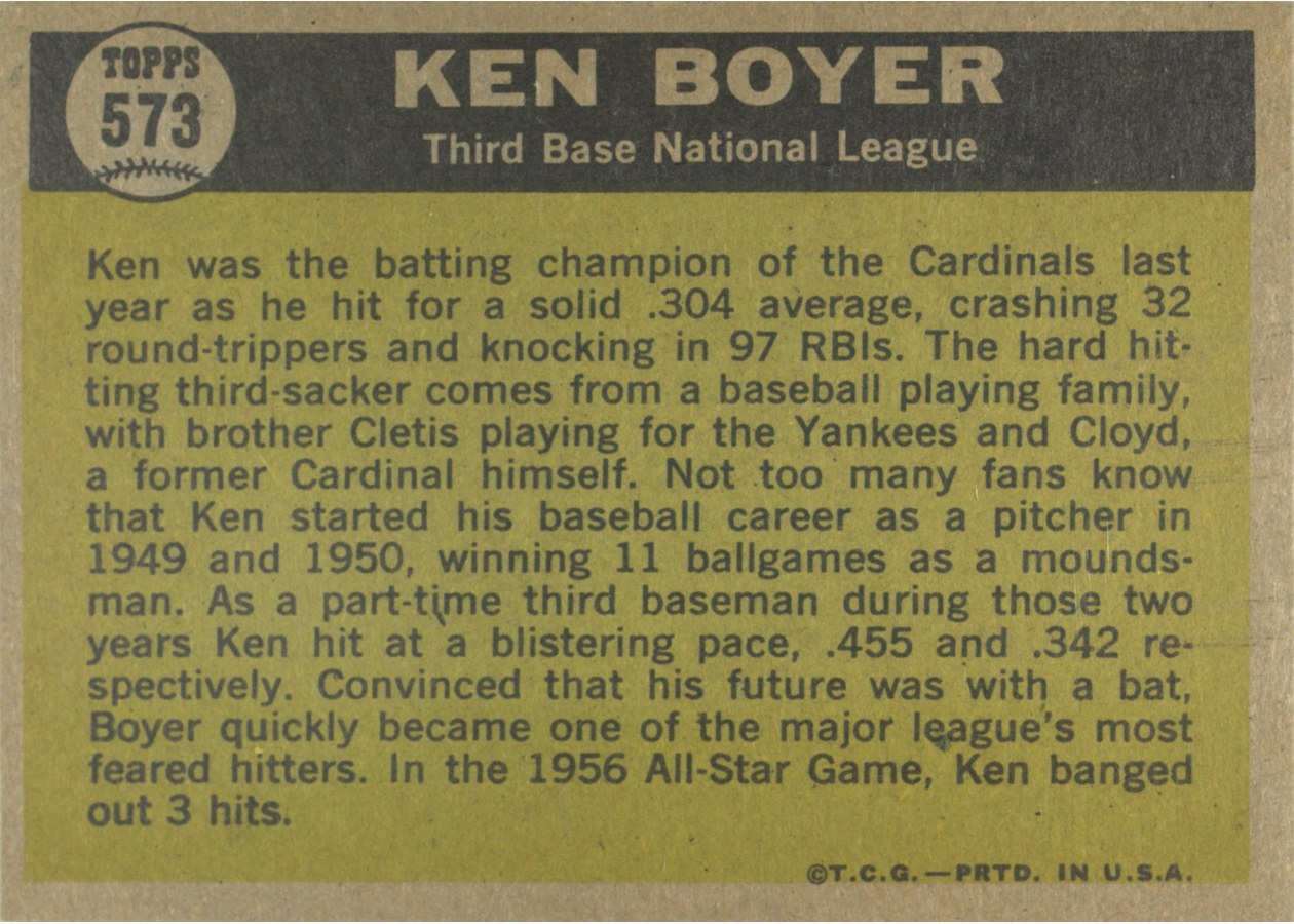 1961 Topps #573 Ken Boyer card back