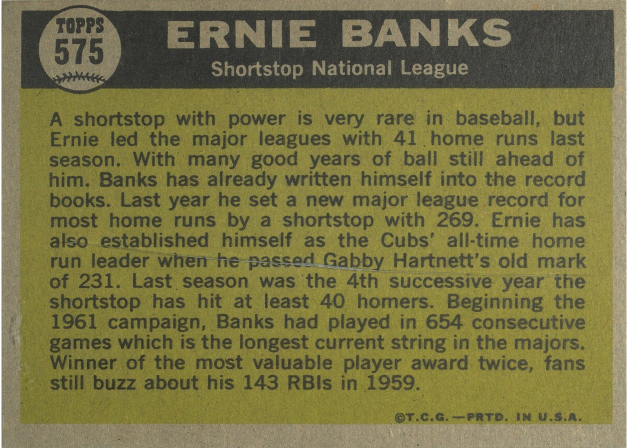 1961 Topps #575 Ernie Banks card back